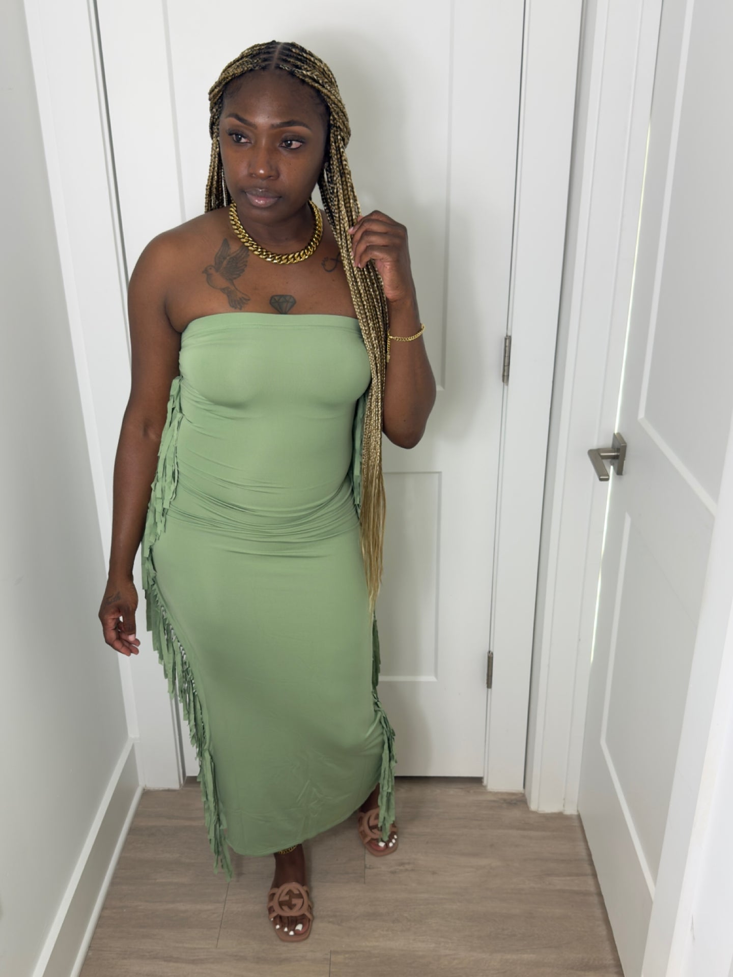 Fringe Tube Dress (Sage)