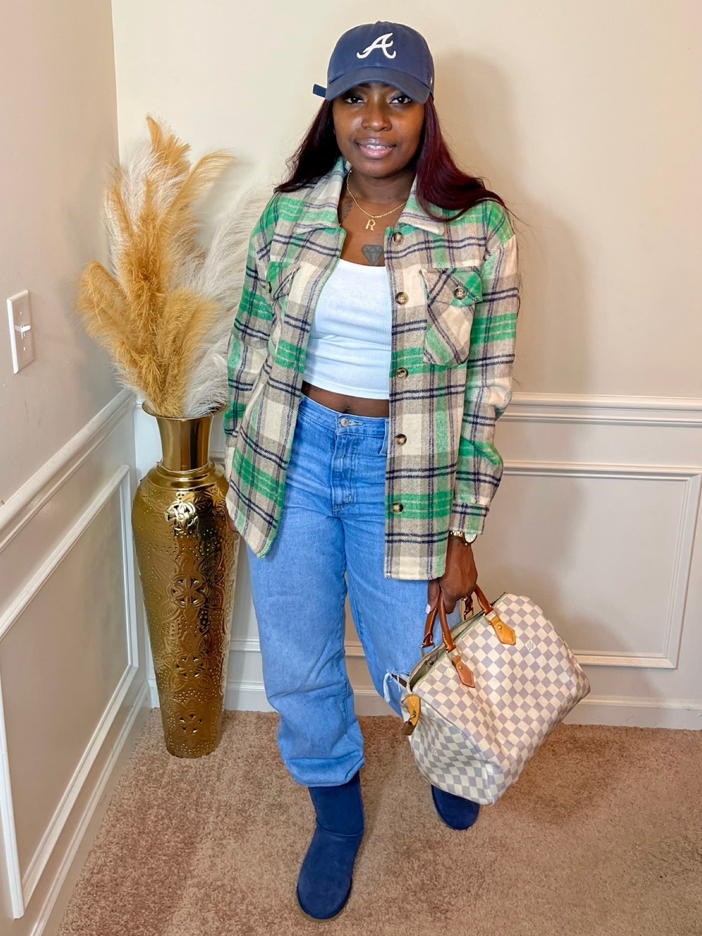 Button Up Plaid Shacket (Green)