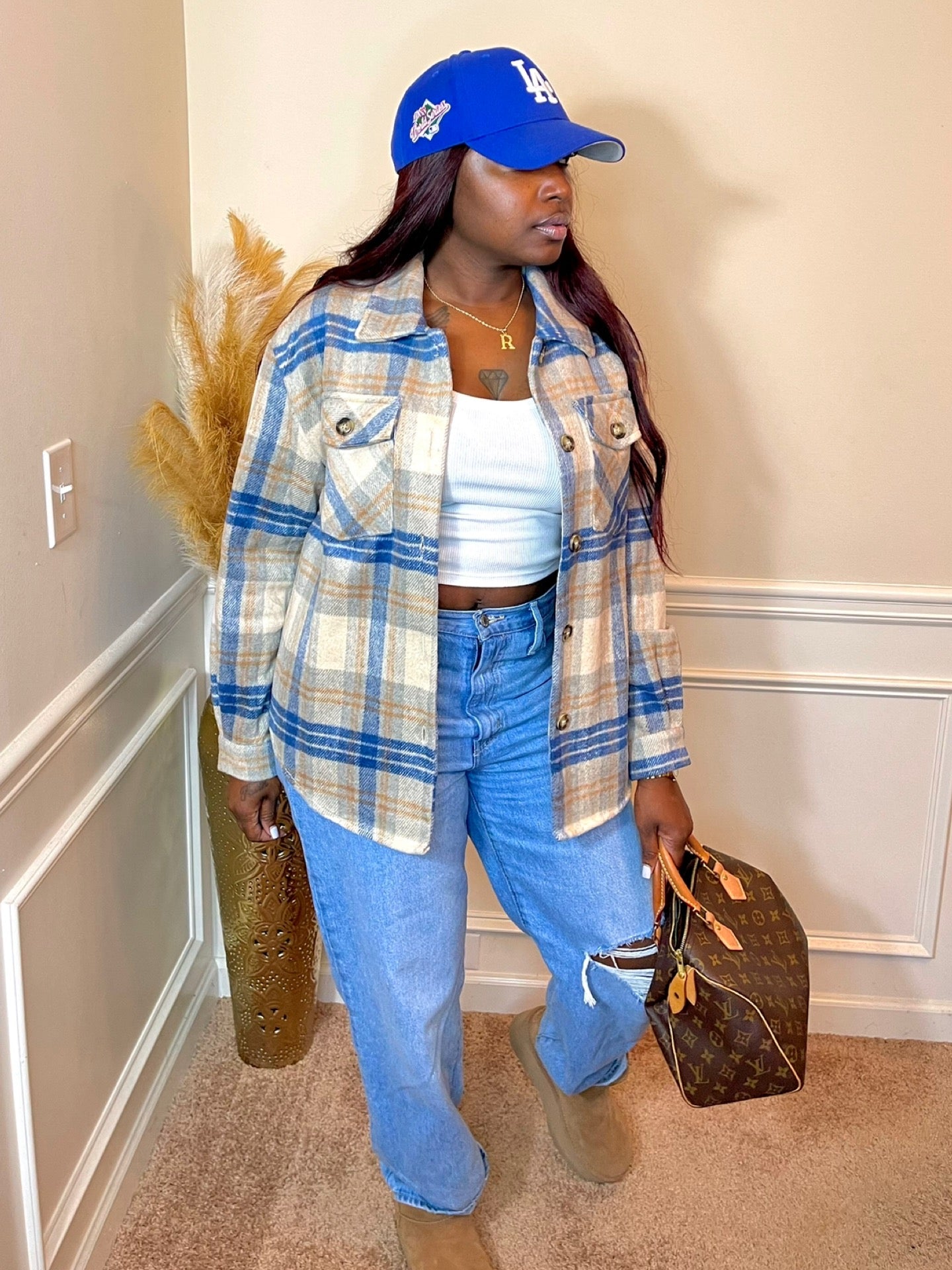 Button Up Plaid Shacket (Blue)