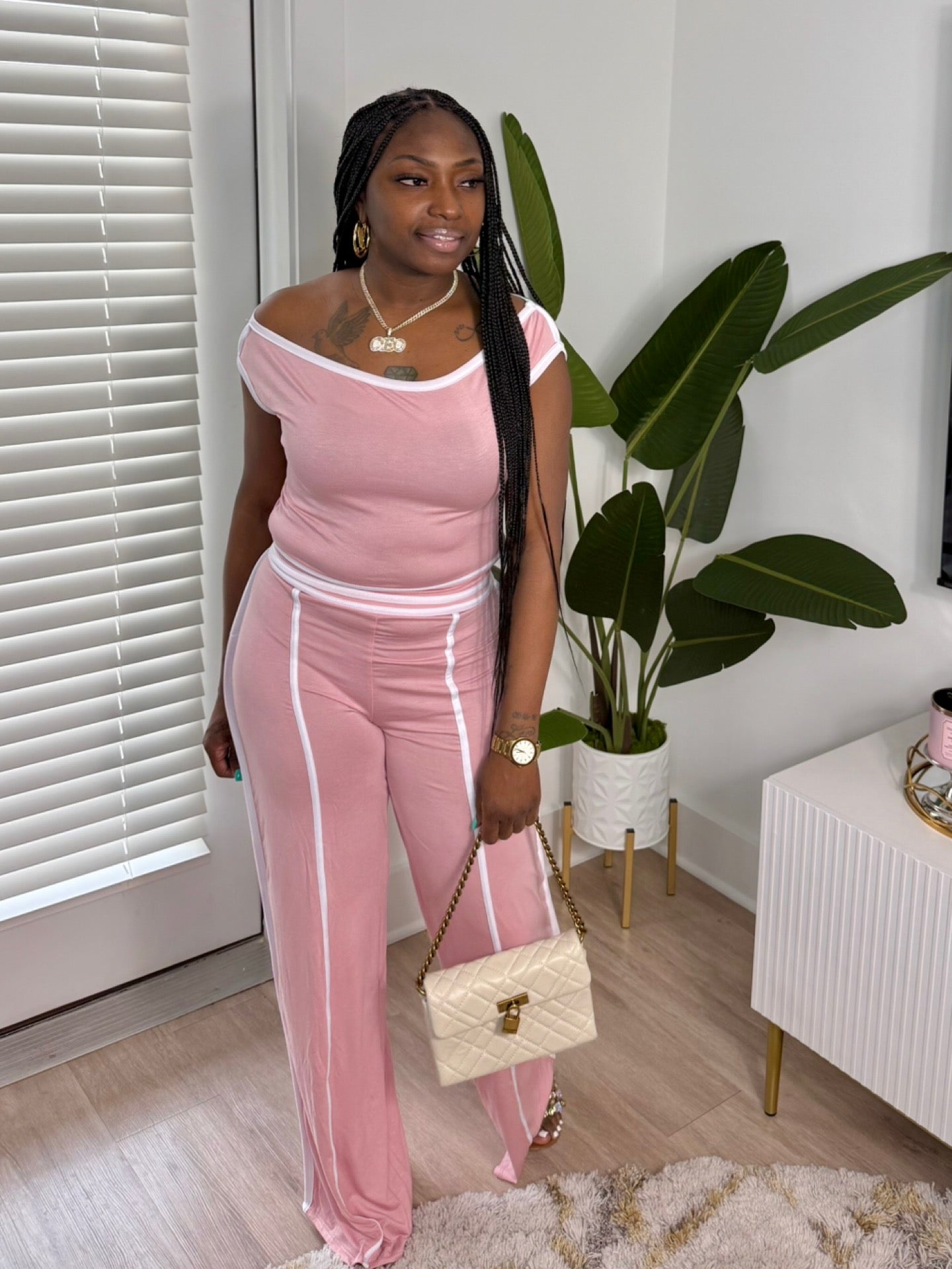 Off Shoulder Contrast Pant Set (Pink)