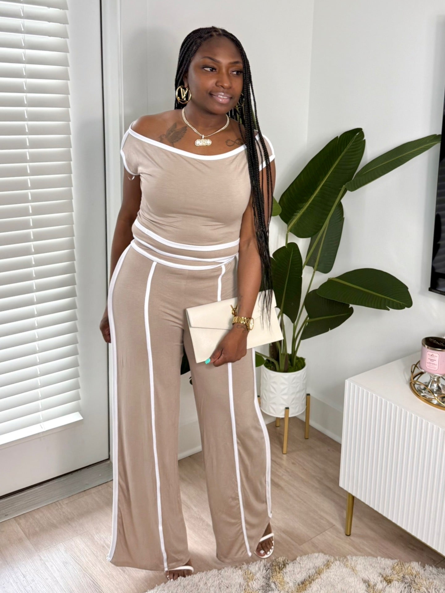 Off Shoulder Contrast Pant Set (Mocha)
