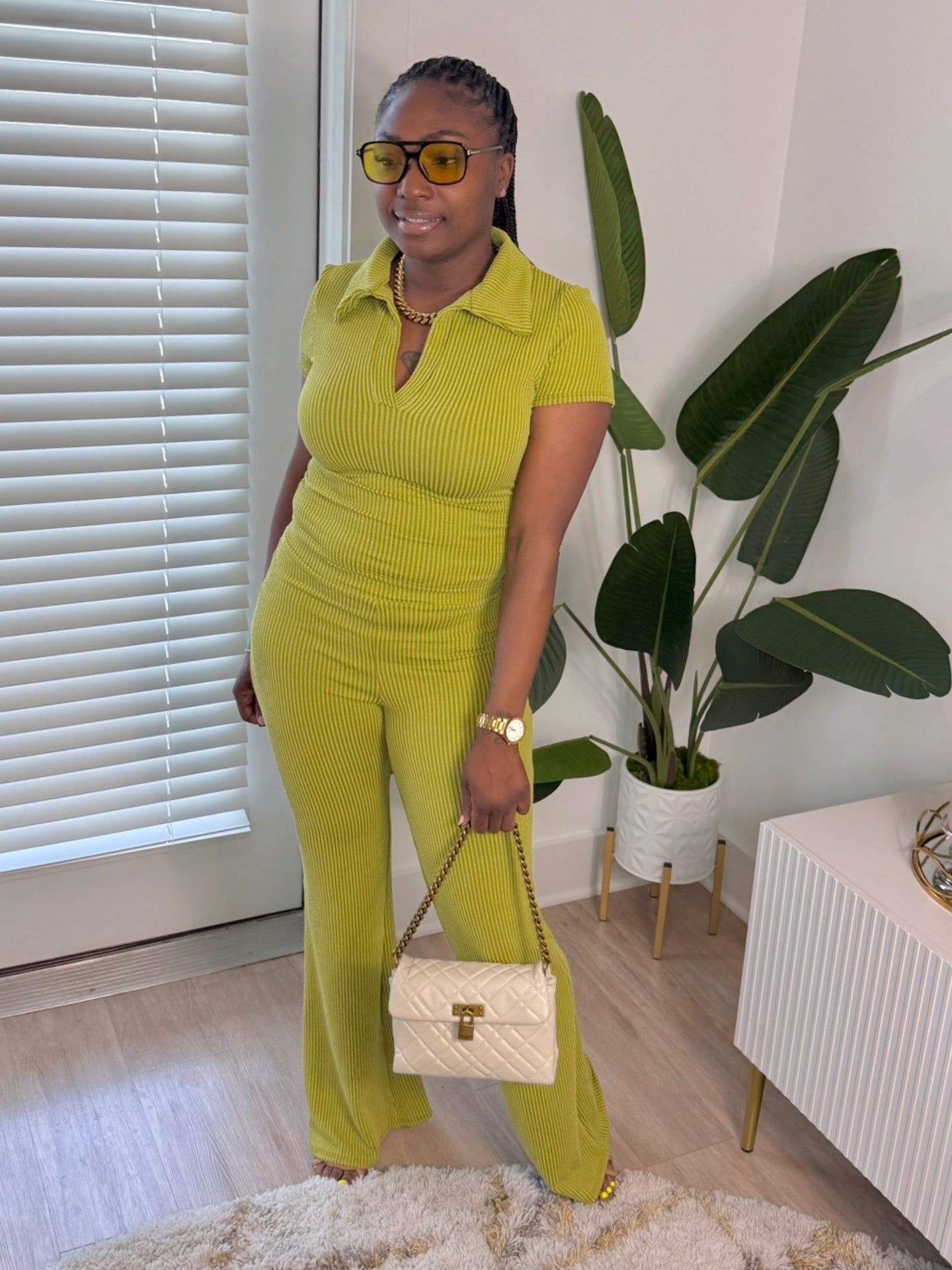 Ribbed Collar Pant Set (Green)