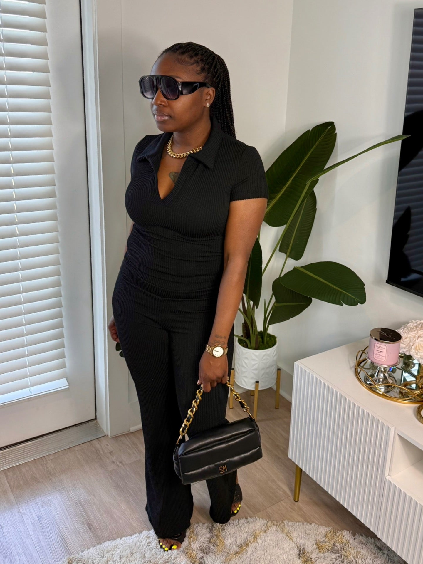 Ribbed Collar Pant Set (Black)