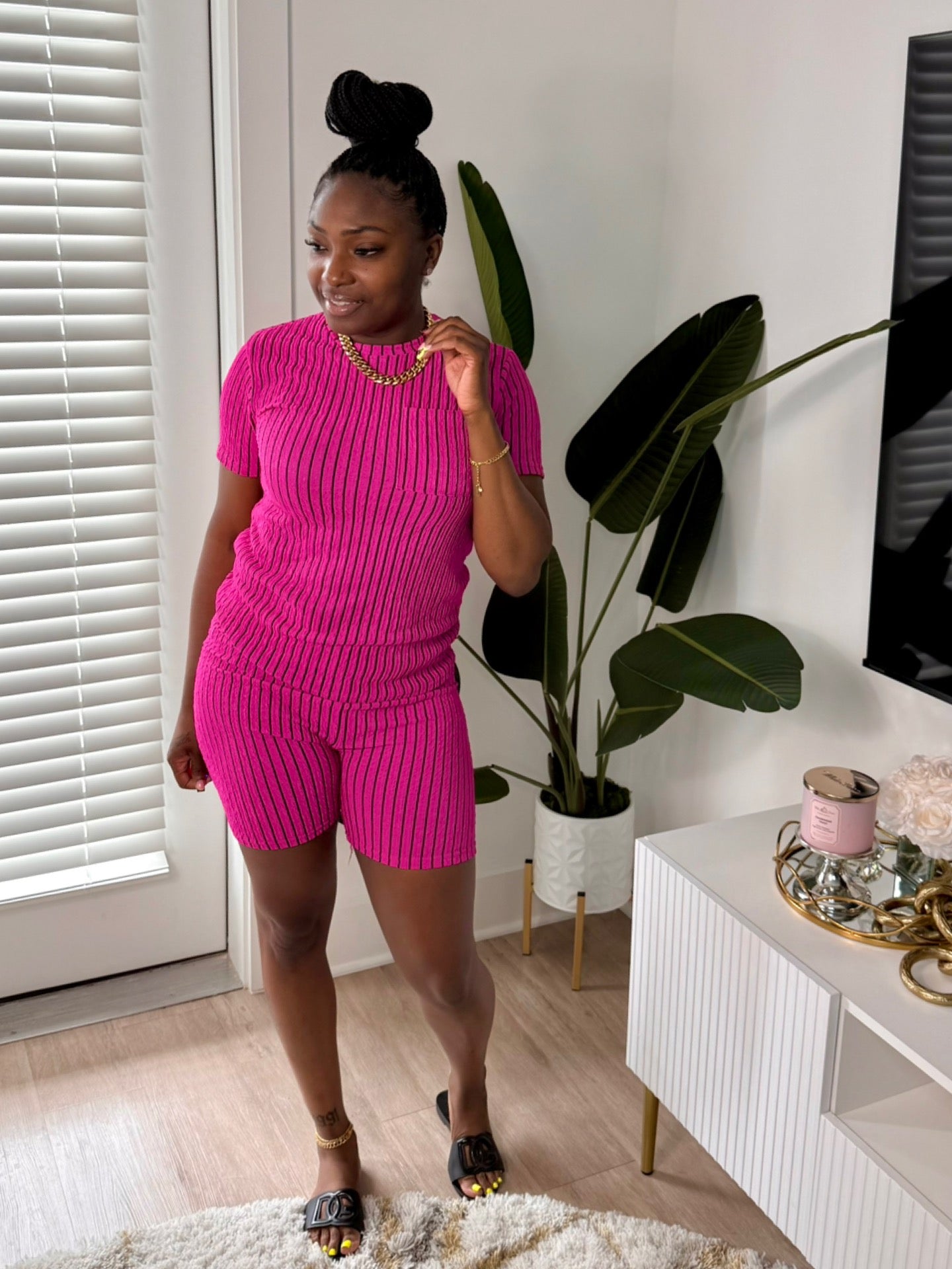 Striped Wrinkle Biker Set (Hot Pink)