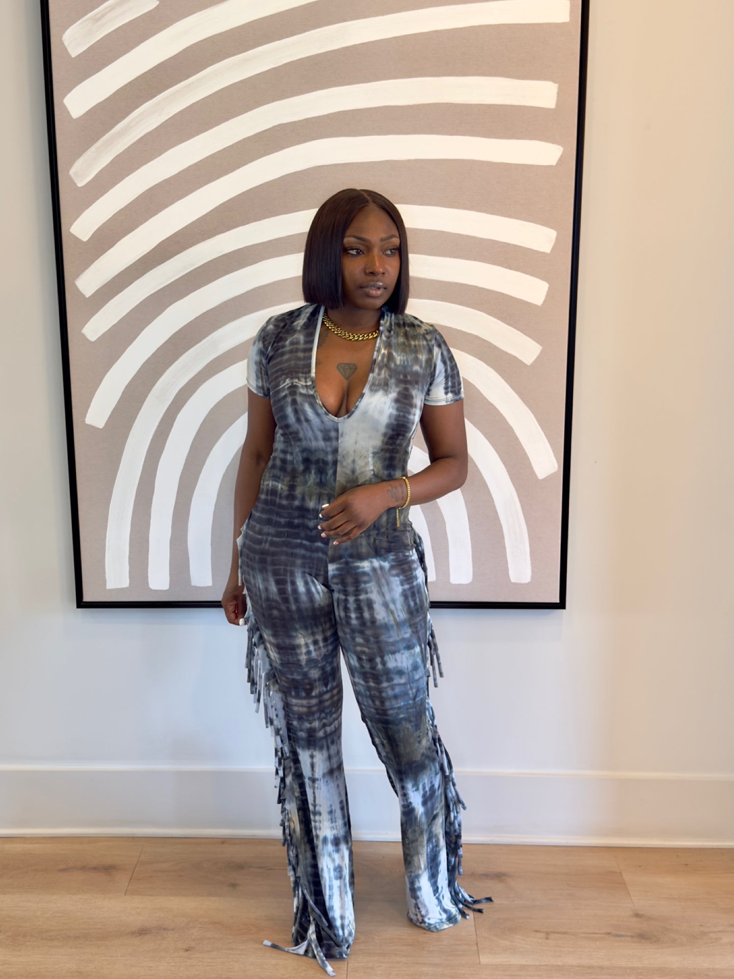 TieDye Fringe Jumpsuit (Black)