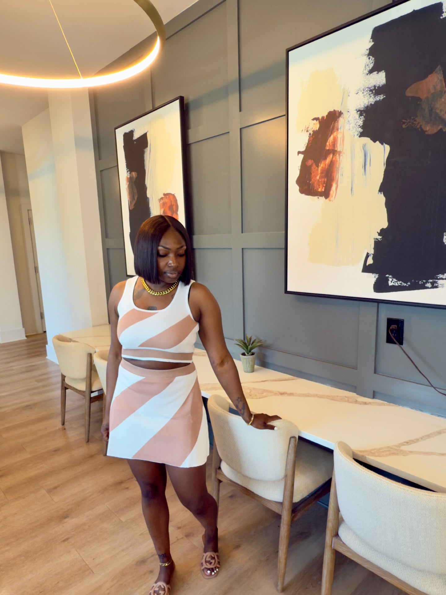 Diagonal Mini Skirt Set (Nude)