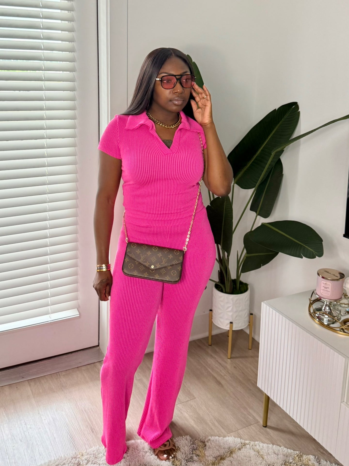 Ribbed Collar Pant Set (Pink)