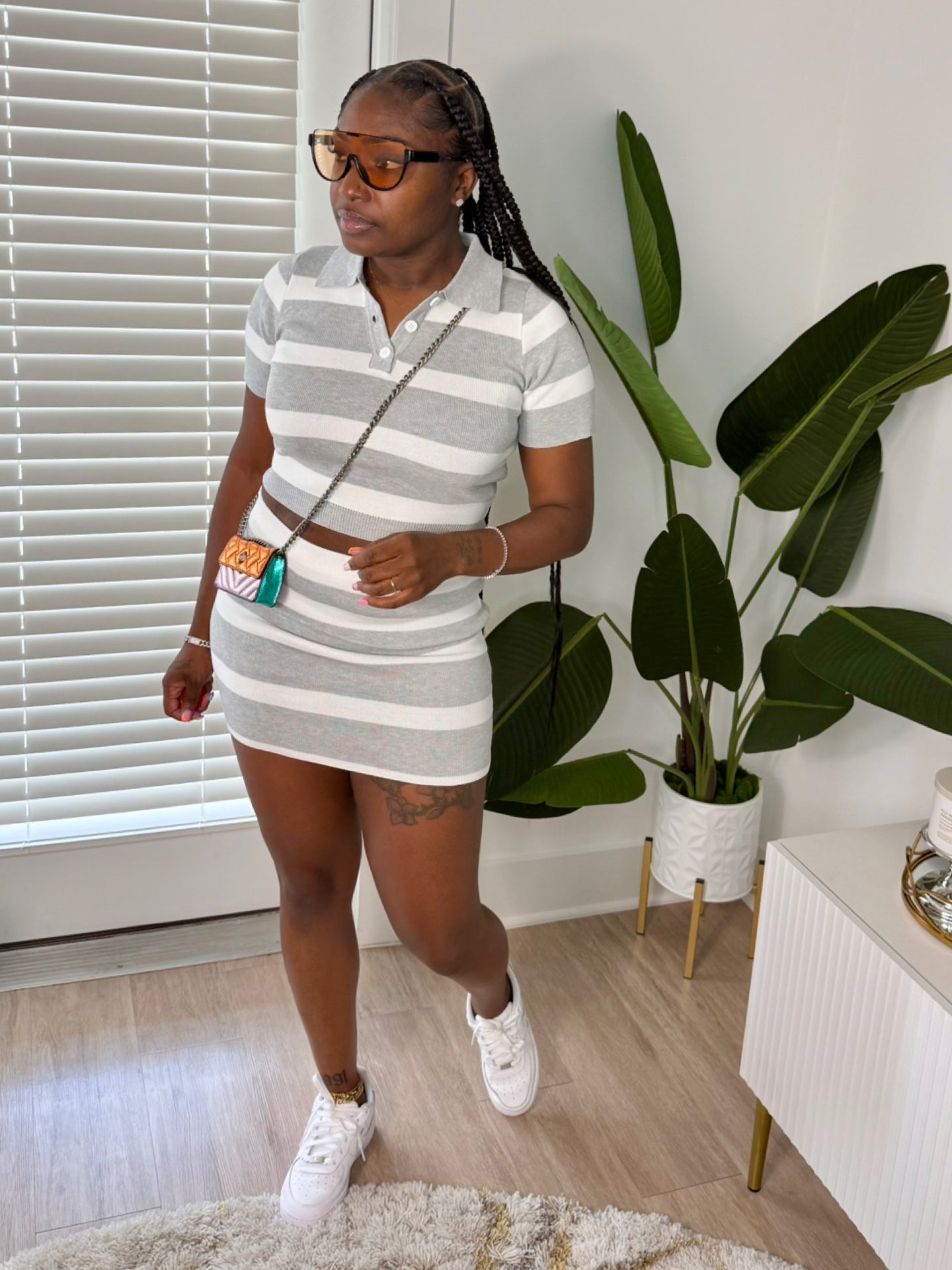 Striped Mini Skirt Set (Grey)