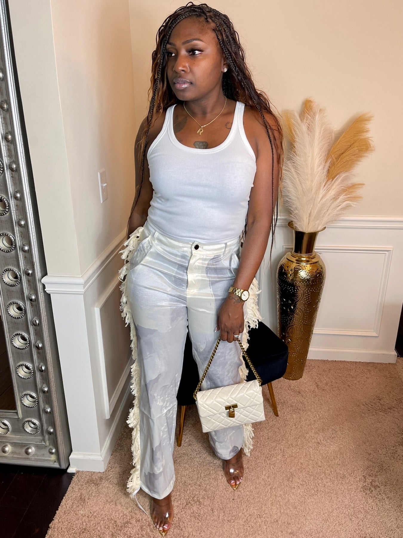 Printed Fringe Pants (Grey)