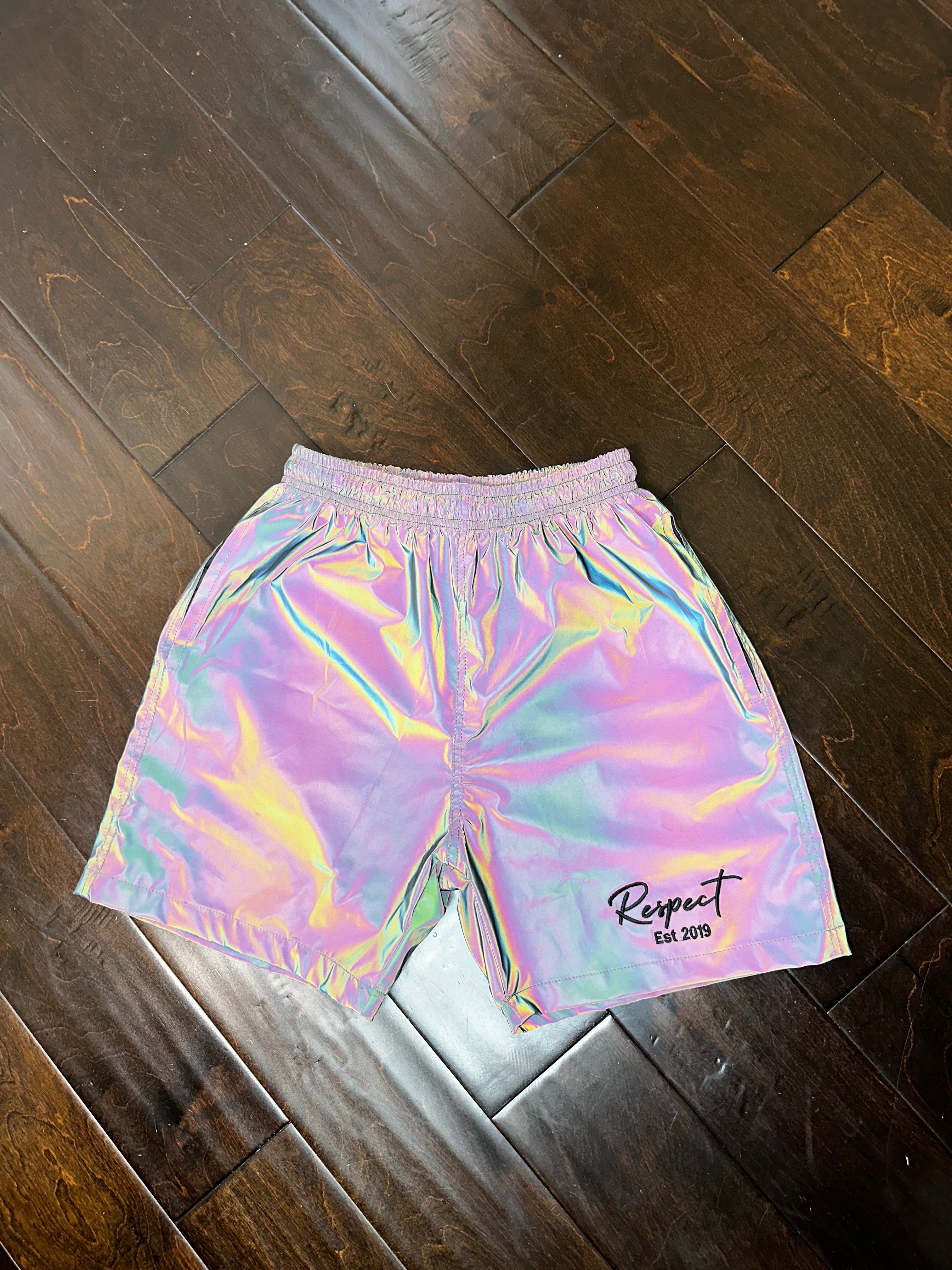 Unisex Respect Est Holographic Shorts  Unisex Respect  Holographic Shorts  Respect Est Holographic Shorts  male Respect Est Holographic Shorts  ladies Respect Est Holographic Shorts